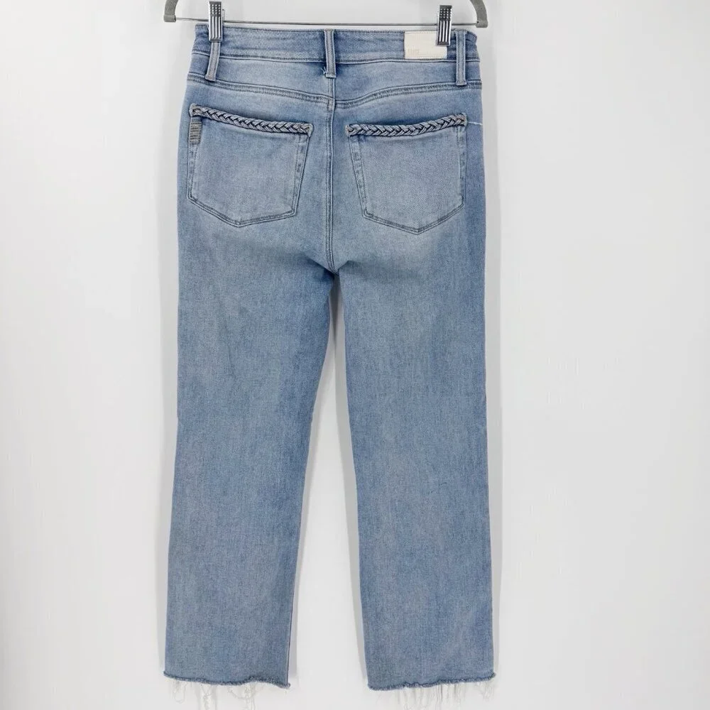 Paige Atley Ankle Fray Jeans Size 27 Fray Hem Stretchy Denim Braided Detail Boho